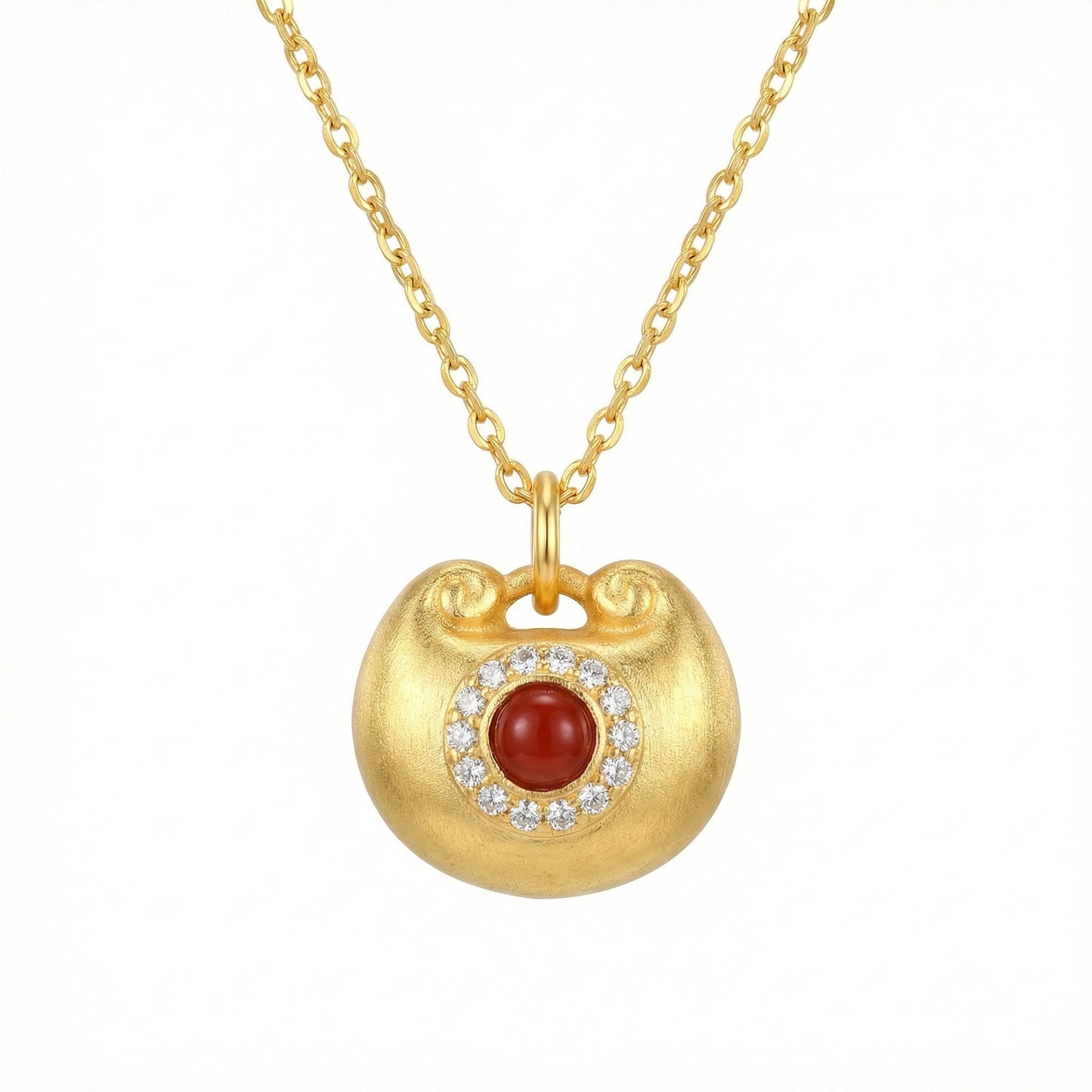 925 Sterling Silver Elegant Red Agate Ruyi Longevity Lock Pendant Necklace with Shimmering Stone Halo