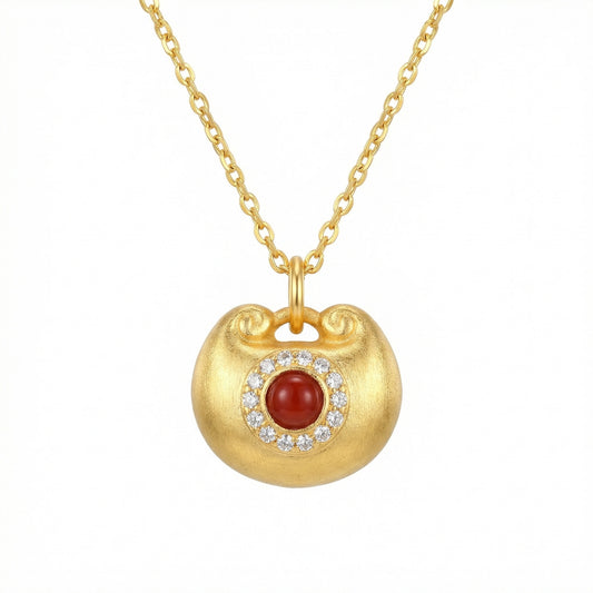925 Sterling Silver Elegant Red Agate Ruyi Longevity Lock Pendant Necklace with Shimmering Stone Halo
