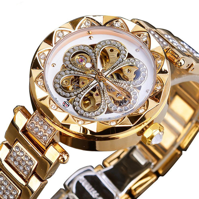 Luxury Automatic Mechanical Watch for Women –  Rhinestone Embellished, Skeleton Dial