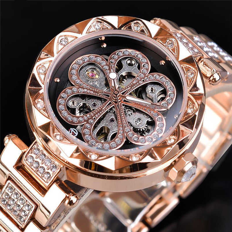 Luxury Automatic Mechanical Watch for Women –  Rhinestone Embellished, Skeleton Dial