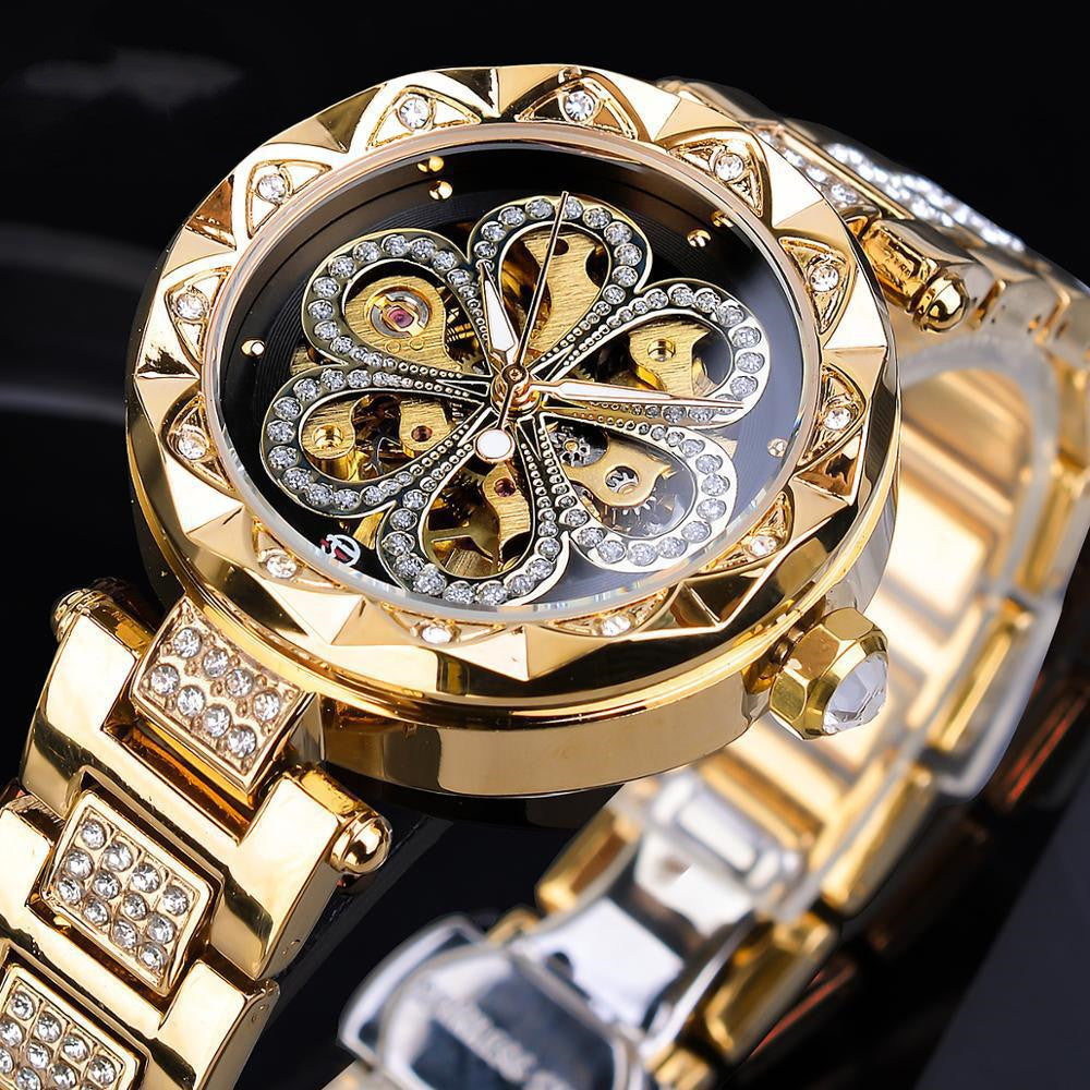 Luxury Automatic Mechanical Watch for Women –  Rhinestone Embellished, Skeleton Dial