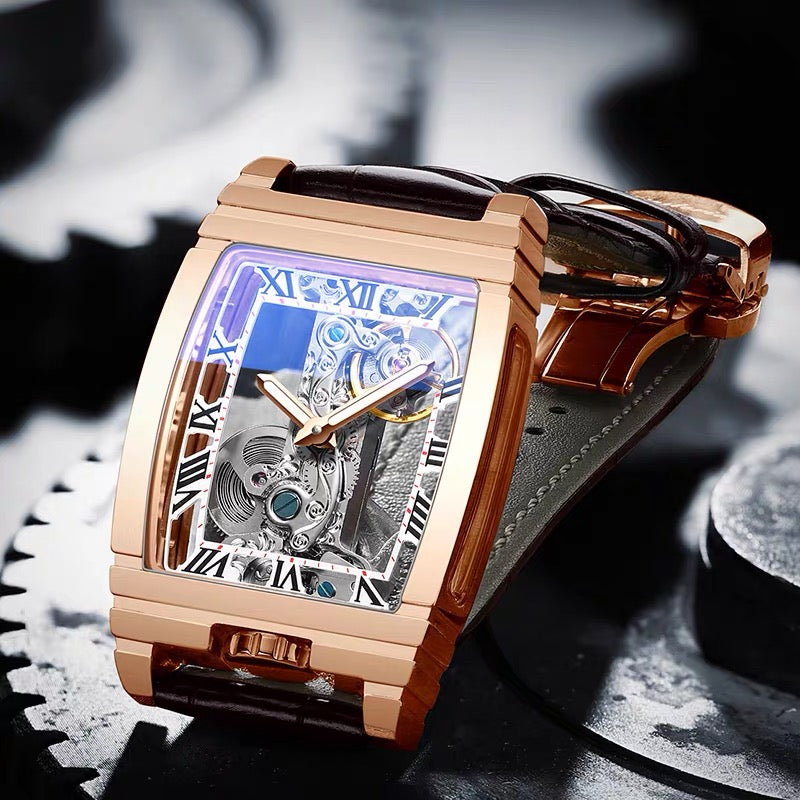Luxury Rose Gold Skeleton Mechanical Watch for Men