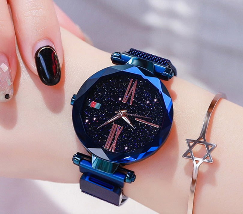 Starry Sky Women's Watch - Magnetic Mesh Band & Faceted Crystal Dial