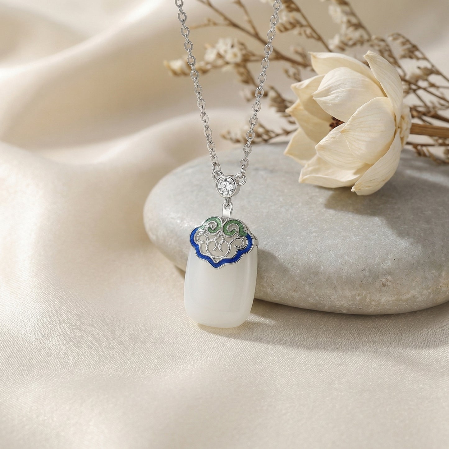 925 Sterling Silver Elegant Silver Necklace with Translucent White Stone Pendant and Colorful Enamel Filigree