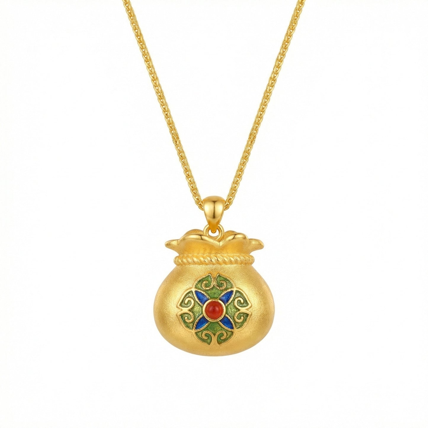 925 Sterling Silver Ornate Fortune Bag Pendant Featuring Colorful Enamel Floral Patterns