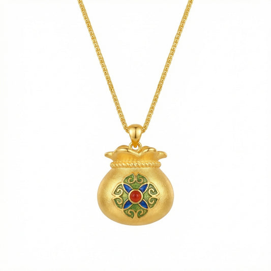 925 Sterling Silver Ornate Fortune Bag Pendant Featuring Colorful Enamel Floral Patterns