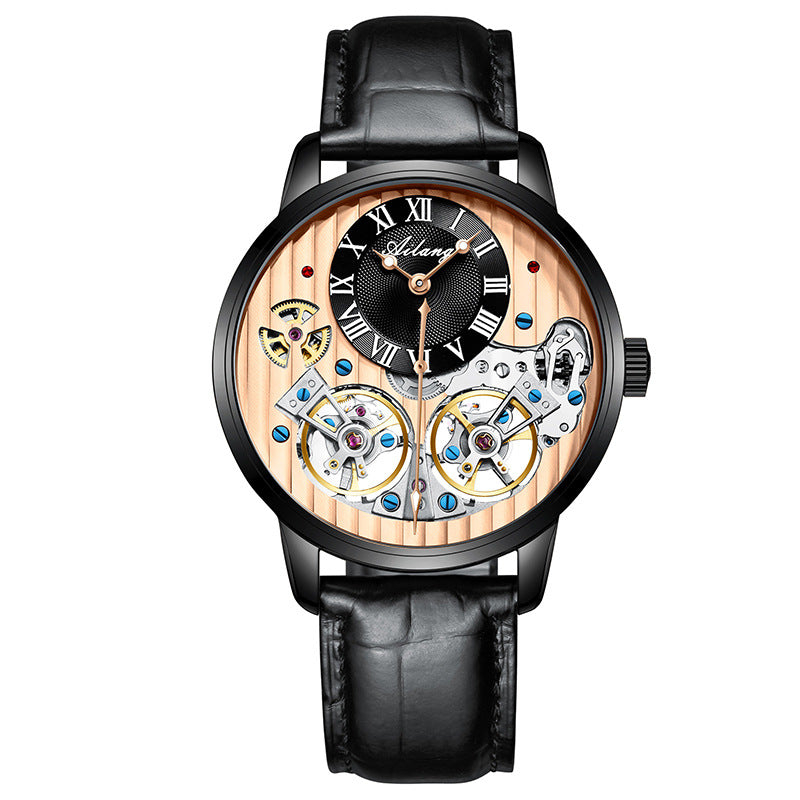 Luxury Double Flywheel Automatic Mechanical Watch – 41mm Stainless Steel Case,  Roman Dial Leather Strap