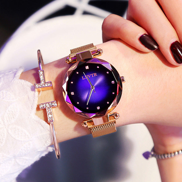 Women’s Fashion Rose Gold Starry Sky Watch, Diamond Dial & Magnetic Strap