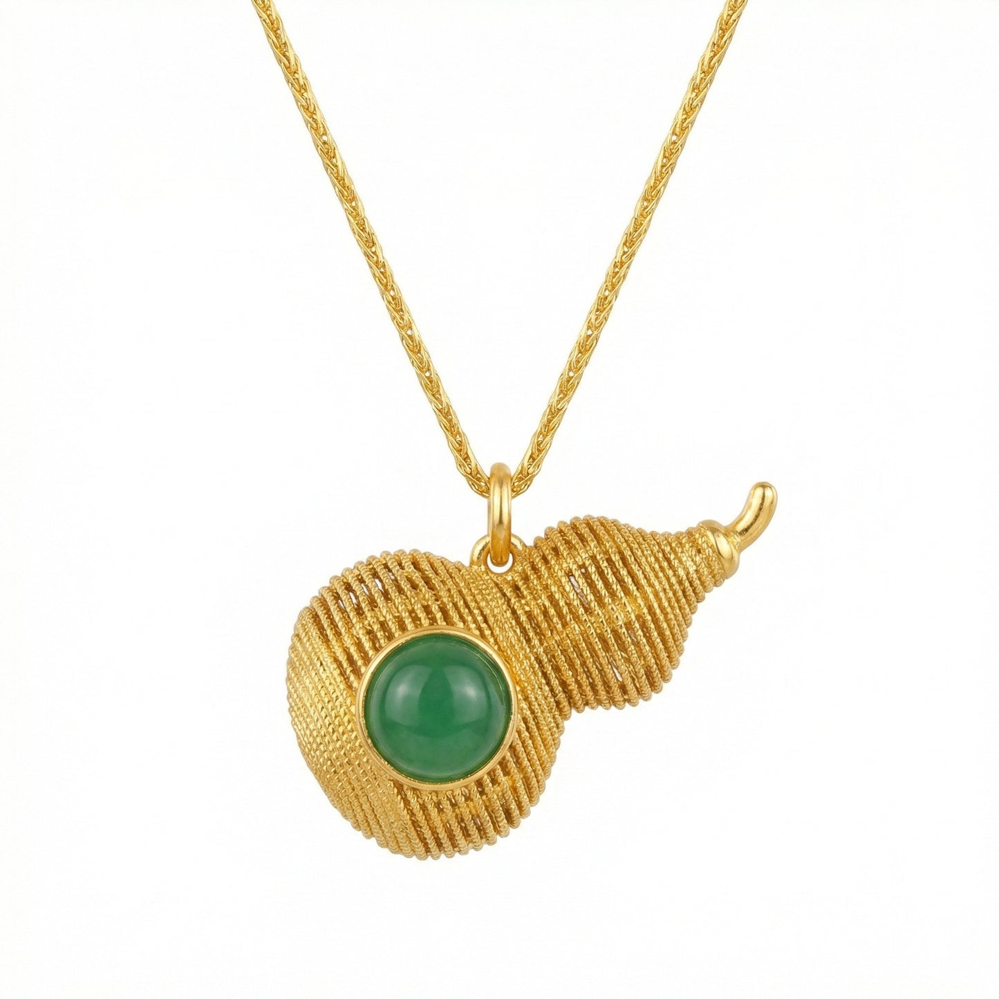 925 Sterling Silver Elegant Green Gemstone Gourd Pendant Necklace with Intricate Coiled Metallic Design