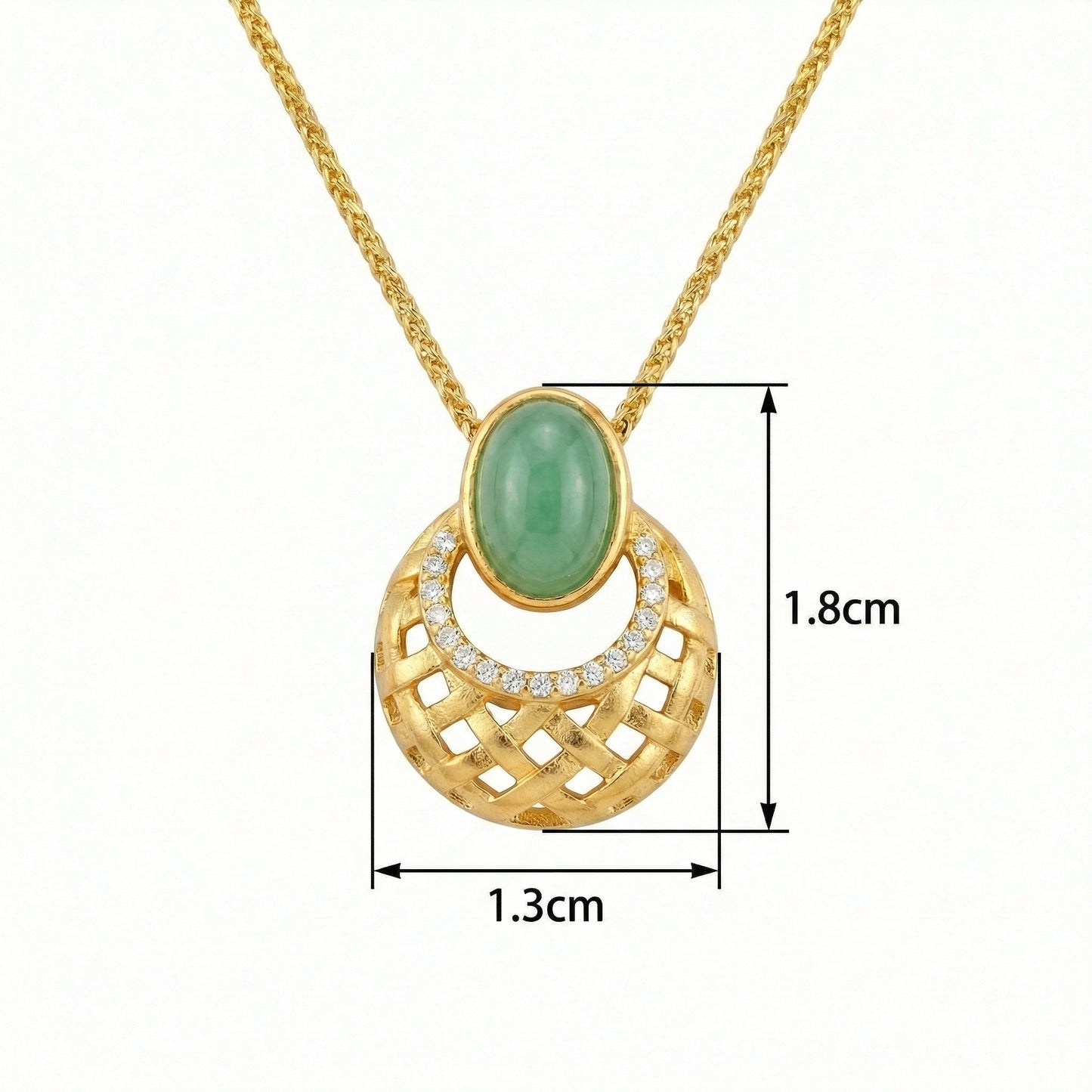925 Sterling Silver Elegant Green Jade Oval Pendant Necklace with Intricate Lattice Weave and Sparkling Stones