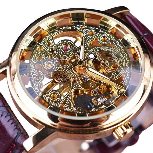 Transparent Golden Skeleton Mechanical Watch for Men