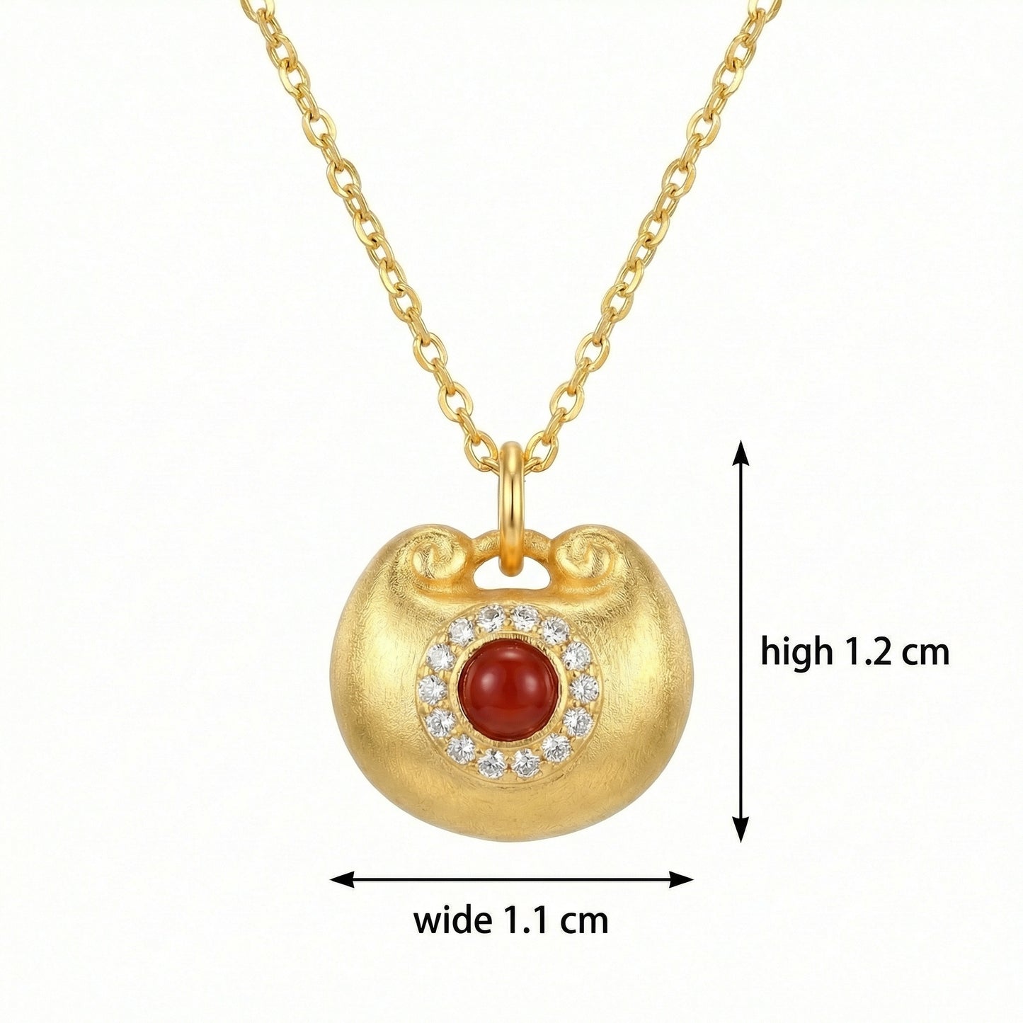 925 Sterling Silver Elegant Red Agate Ruyi Longevity Lock Pendant Necklace with Shimmering Stone Halo