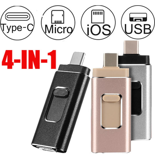 4-in-1 Multi-port USB Flash Drive: iPhone | Android (Micro USB) | Type-C | USB Key