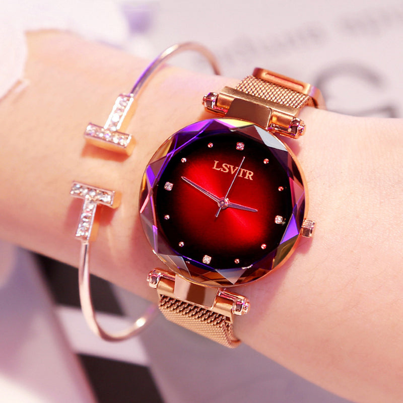 Women’s Fashion Rose Gold Starry Sky Watch, Diamond Dial & Magnetic Strap