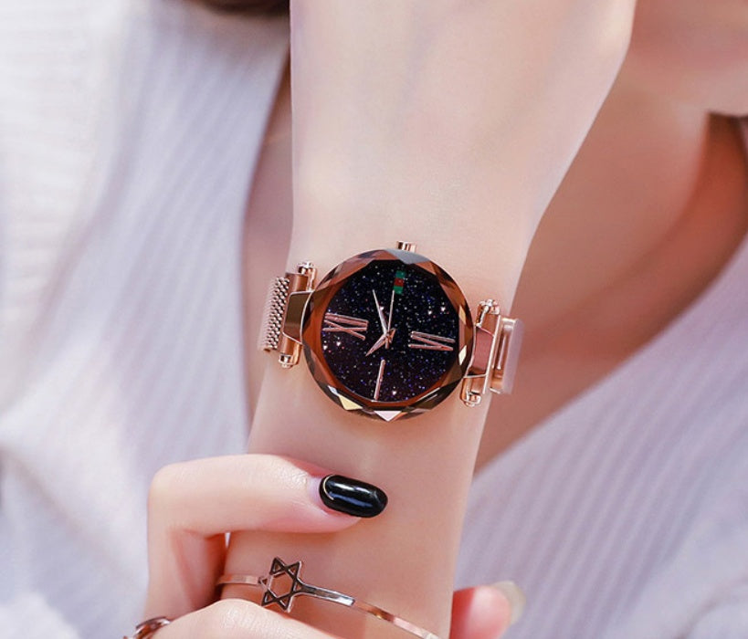 Starry Sky Women's Watch - Magnetic Mesh Band & Faceted Crystal Dial