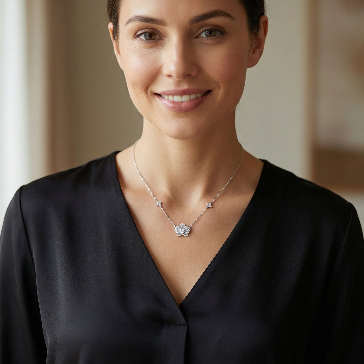 925 Sterling Silver Elegant Diamond Orchid Pendant Necklace with Pear-Cut Center Stone