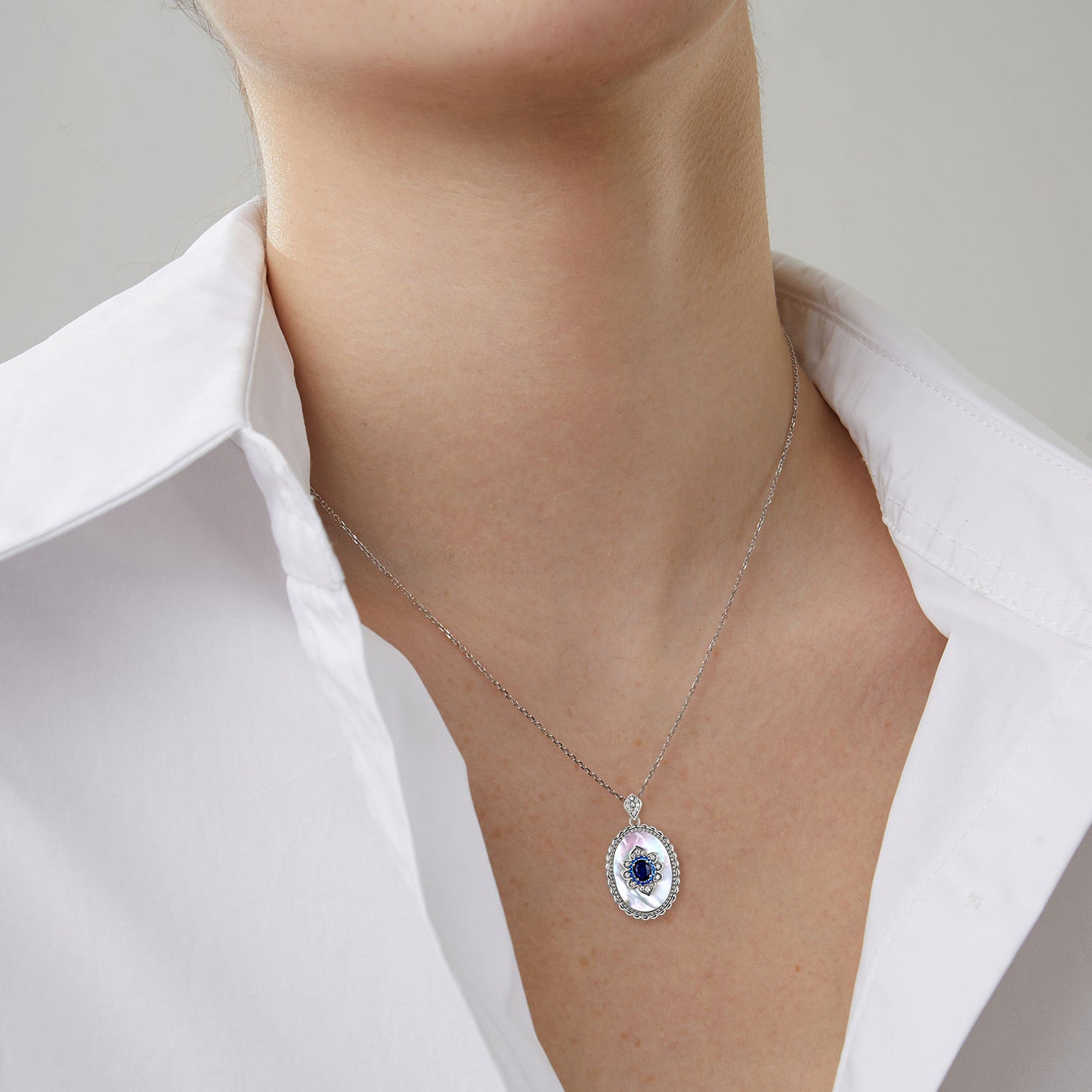 Women’s 925 Sterling Silver Necklace with Sapphire & Diamond Pendant