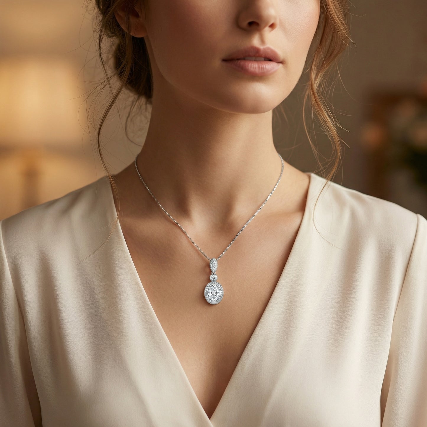 925 Sterling Silver Elegant Sterling Silver Oval Halo Triple-Drop Pendant Necklace