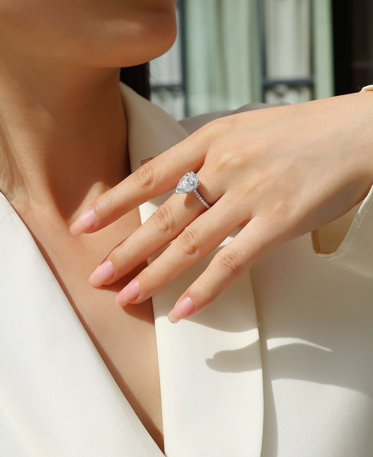Light And Shadow - Luxury Silver Ring Set With Top-quality Pear-shaped Moissanite D Color VVS,  S925 In Silver And Platinum-plated