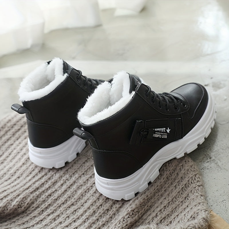 Women'S Winter High-Top Boots - Warm Fleece-Lined Ankle Boots with Thick Sole, Lace-Up Casual Style
