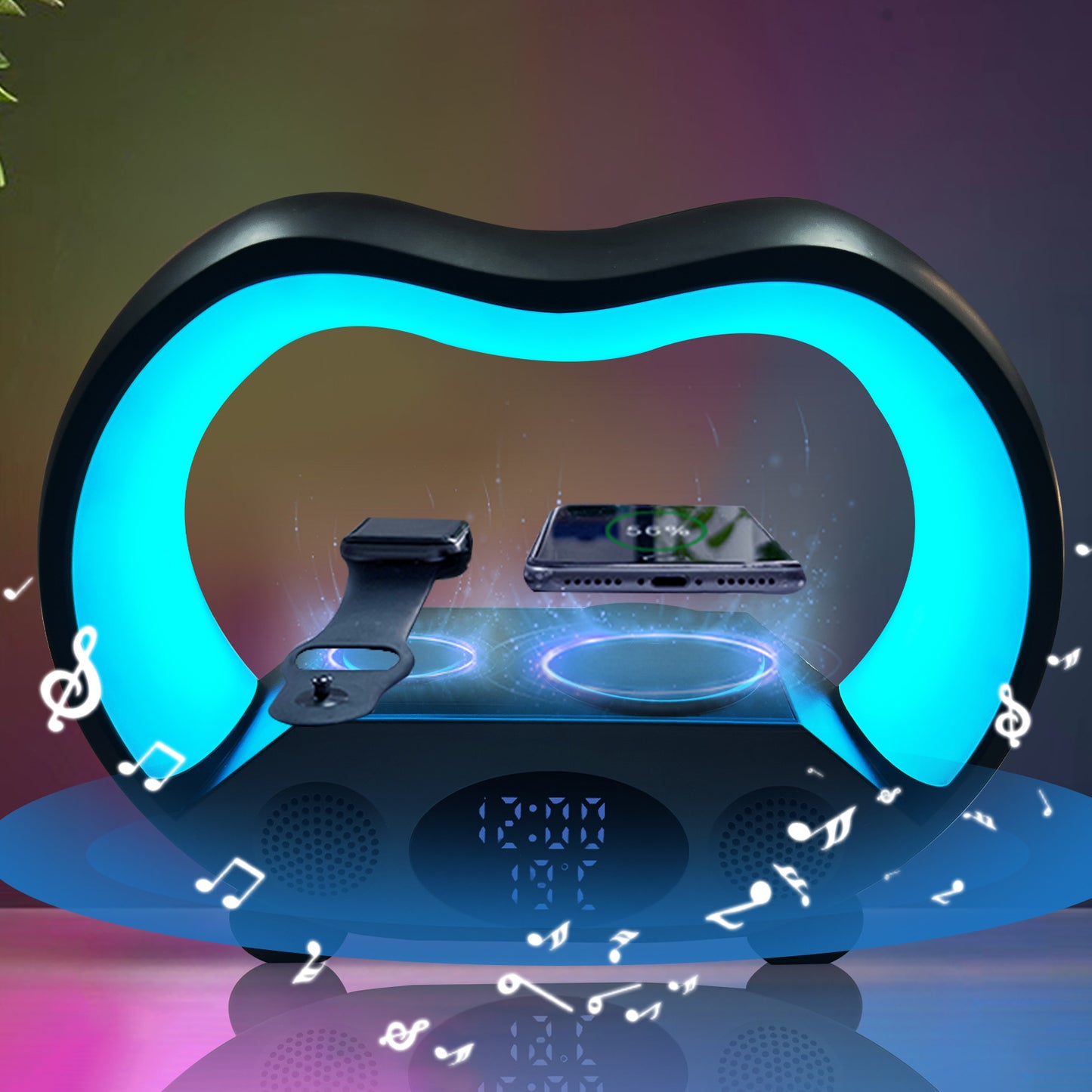 6-in-1 Intelligent LED Table Lamp with Bluetooth Speaker, Wireless Charger, & Smart Remote Control – RGB Night Light, Alarm Clock, Time & Temperature Display