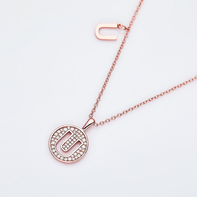 Luxury Initial Letter Necklace Pendant – U , S925 Silver Rose Gold Plated with Top-Quality Brilliant Moissanite