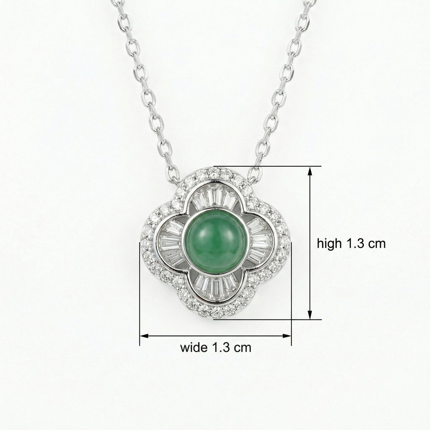 925 Sterling Silver Exquisite Quatrefoil Green Gemstone Pendant Necklace with Diamond Halo and Baguette Accents