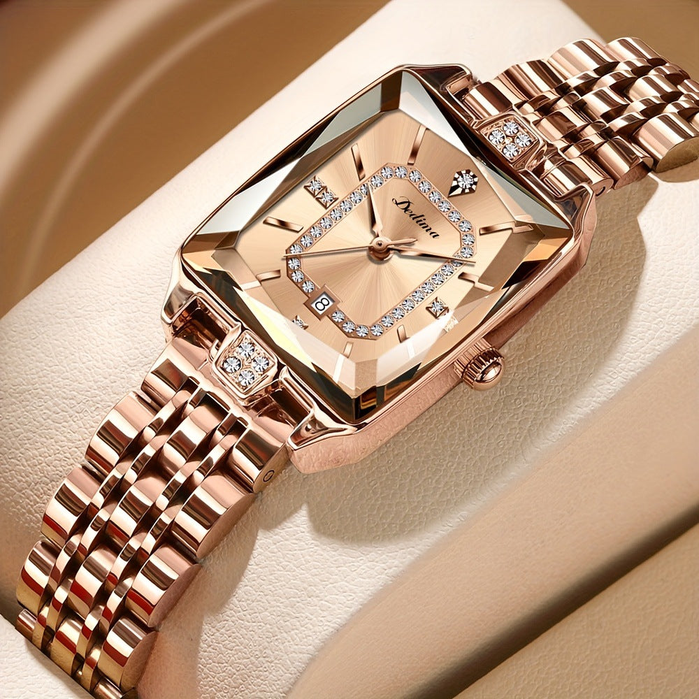 High-end Square Dial Women's Watch - Rose Gold Stainless Steel, Date Display & Zircon Accents