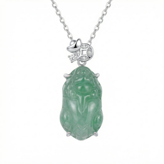 925 Sterling Silver Green Jade Pixiu Pendant Necklace with Silver Ingot and Coin Accents