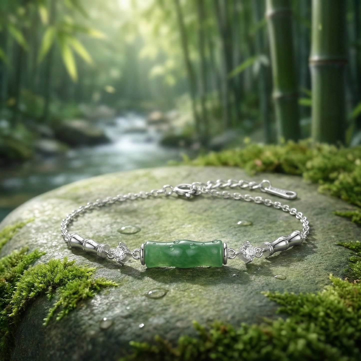 925 Sterling Silver Elegant S925 Sterling Silver Green Jade Bamboo Bracelet with Sparkling Zirconia