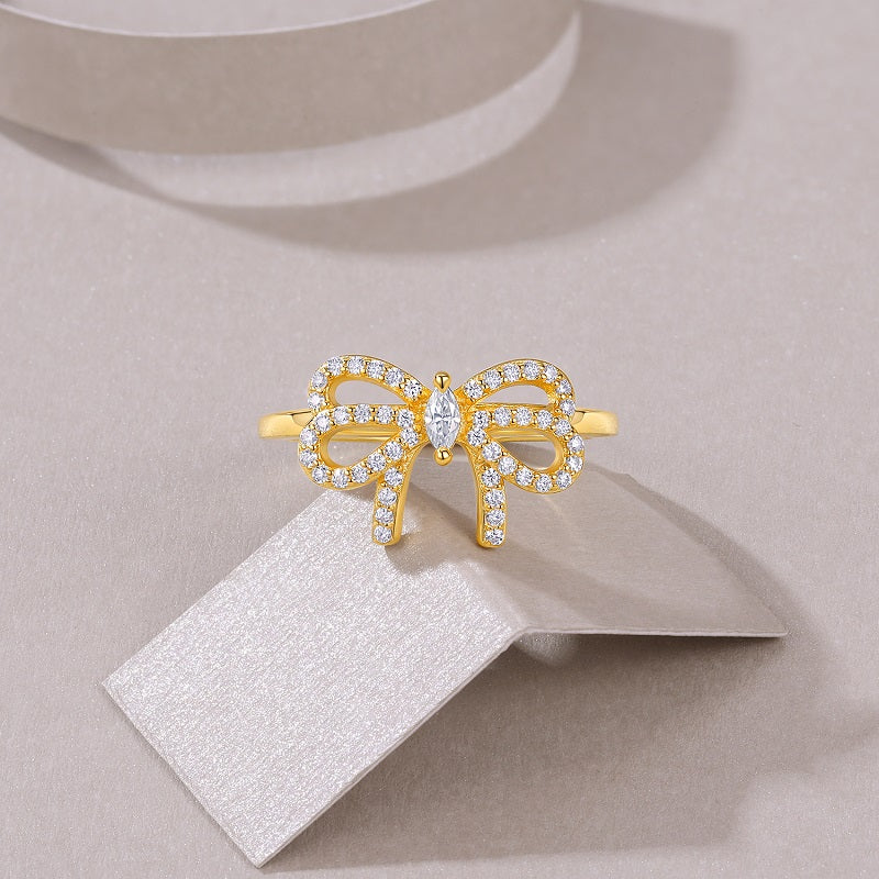 Luxury Gold Plated S925 Sterling Silver Bow Ring with D Color VVS Moissanite