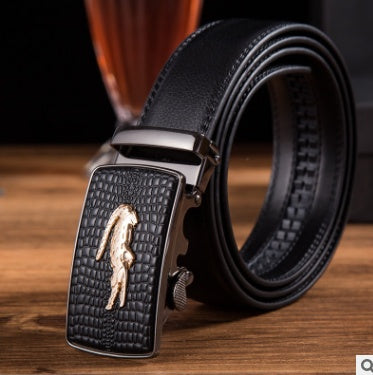 Men's Genuine "Two-Layer Cowhide" Leather Ratchet Belt – Automatic Slide Buckle for Exact Fit, Business & Casual