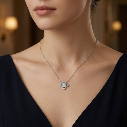 925 Sterling Silver Elegant Silver Floral Clover Pendant Necklace with Intricate Stone Detailing