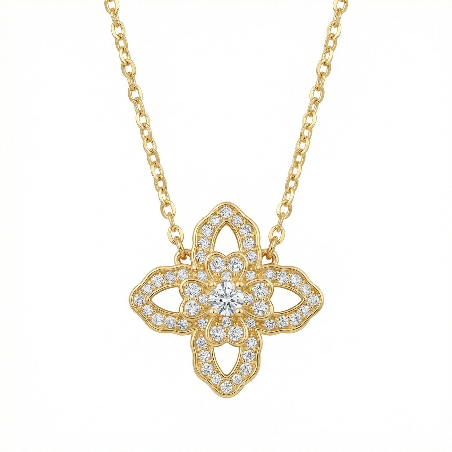 925 Sterling Silver Elegant Diamond Encrusted Four-Petal Floral Pendant on a Delicate Chain