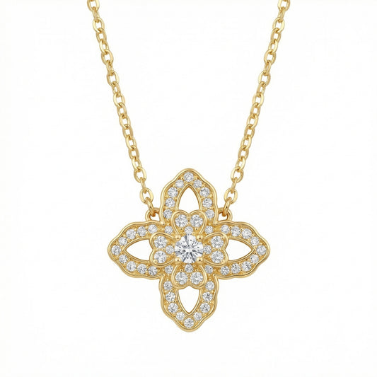 925 Sterling Silver Elegant Diamond Encrusted Four-Petal Floral Pendant on a Delicate Chain