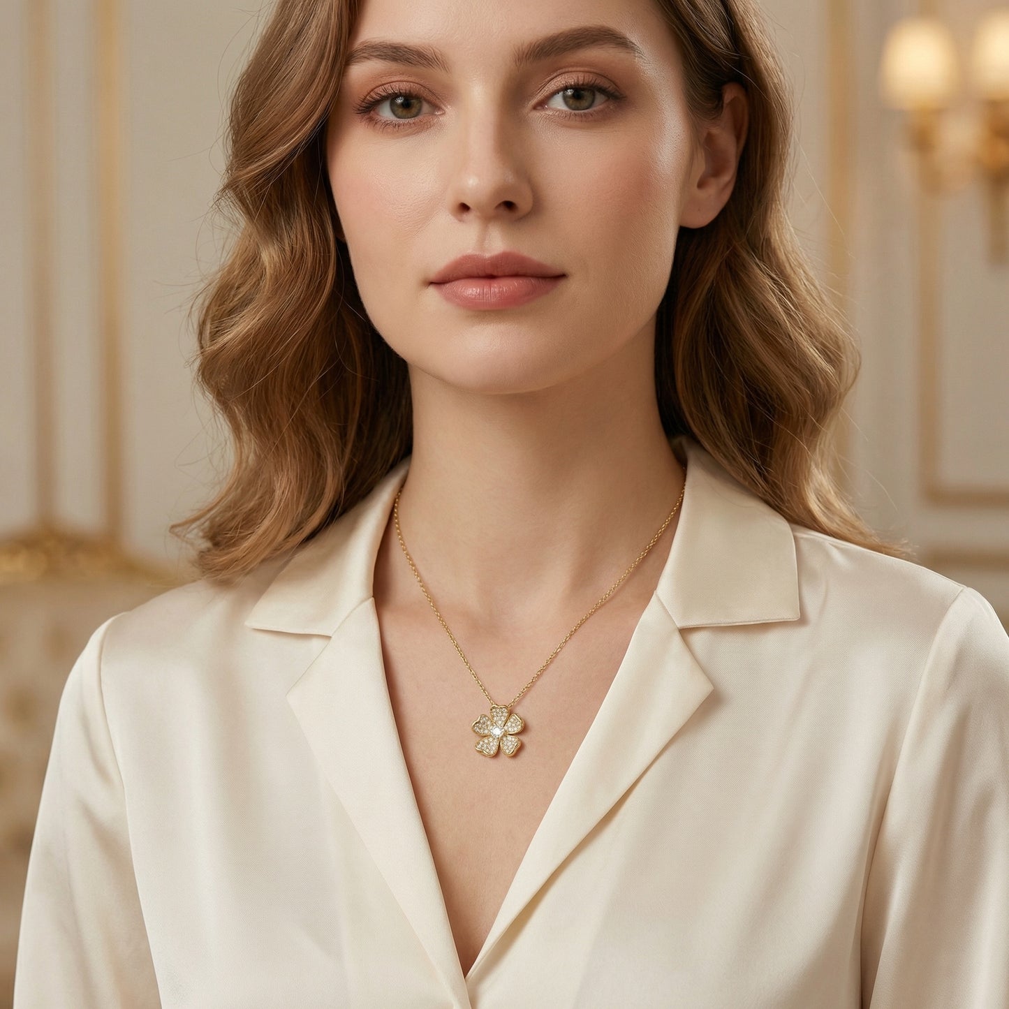 925 Sterling Silver Elegant Five-Petal Diamond Bloom Pendant Necklace with Shimmering Central Stone