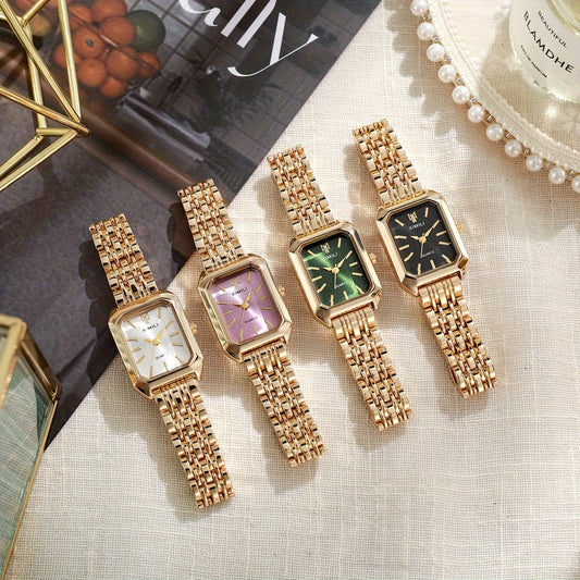 Montre de luxe rectangulaire dorée à quartz pour femme 