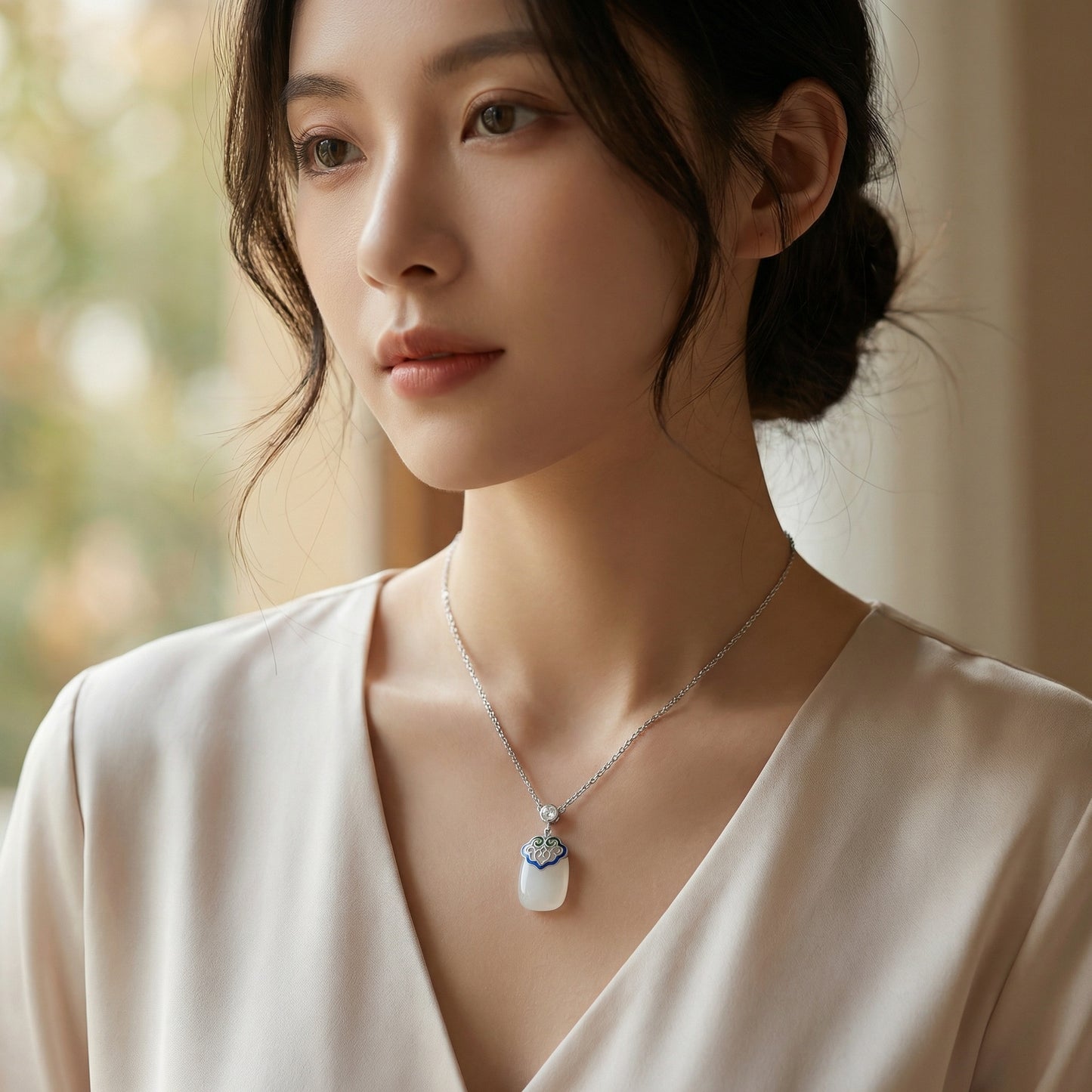 925 Sterling Silver Elegant Silver Necklace with Translucent White Stone Pendant and Colorful Enamel Filigree