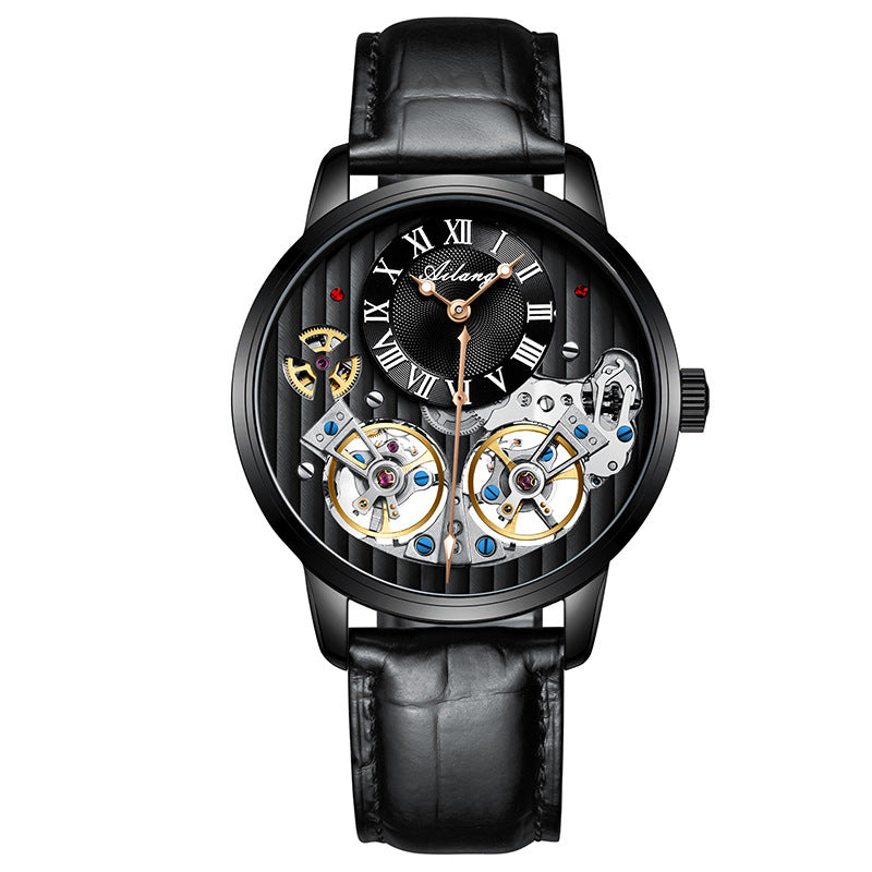 Luxury Double Flywheel Automatic Mechanical Watch – 41mm Stainless Steel Case,  Roman Dial Leather Strap