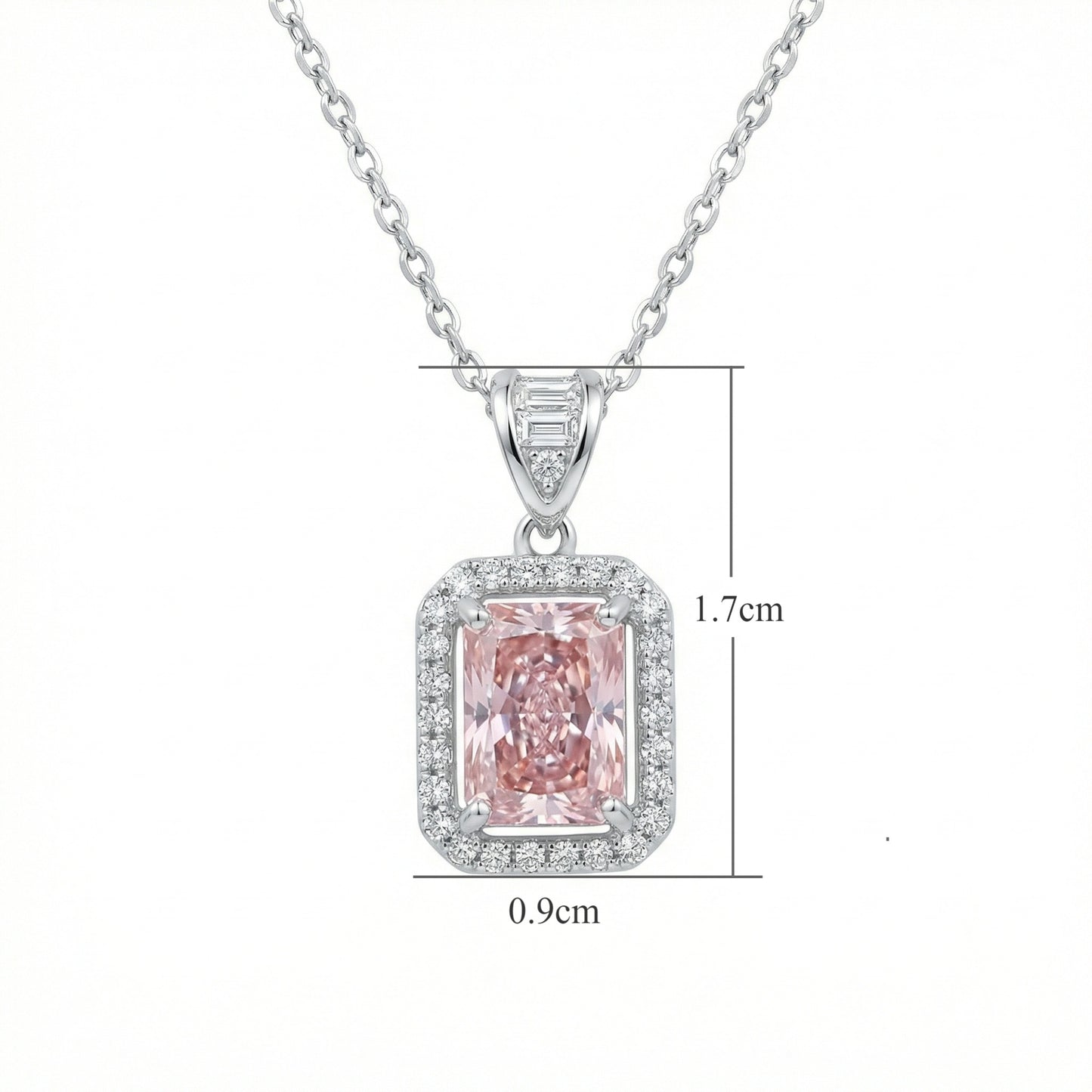 925 Sterling Silver Elegant Radiant-Cut Pink Gemstone Halo Pendant Necklace