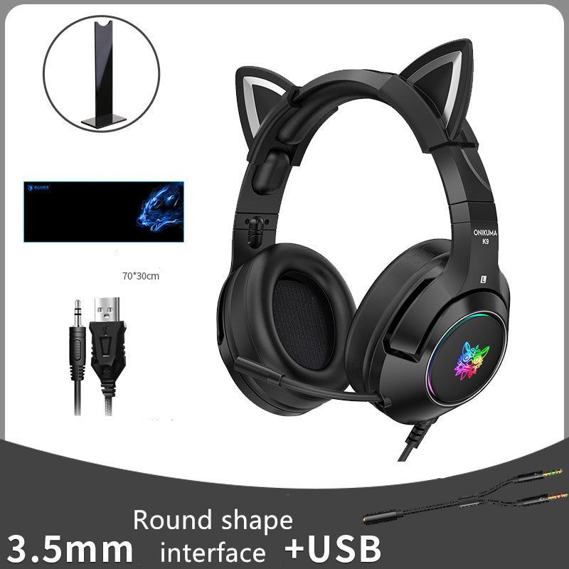 Casque de jeu RGB à réduction de bruit avec microphone et oreilles de chat amovibles.