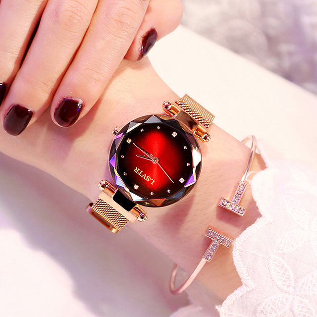 Women’s Fashion Rose Gold Starry Sky Watch, Diamond Dial & Magnetic Strap