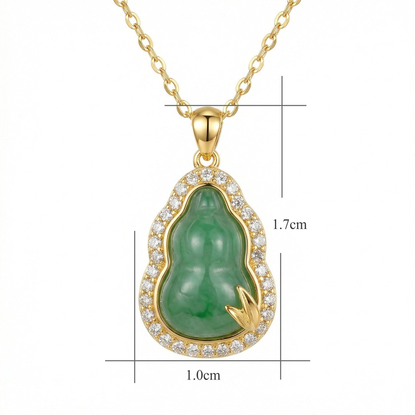 925 Sterling Silver Exquisite Green Jade Gourd Necklace with Radiant Stone Border and Delicate Leaf Motif