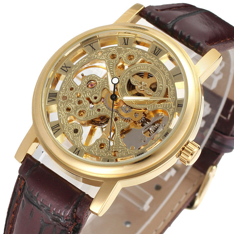 Transparent Golden Skeleton Mechanical Watch for Men
