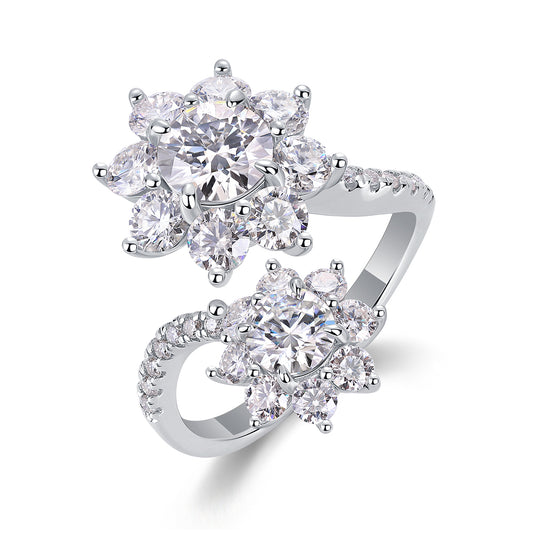 Luxury Floral Cluster Open Ring – S925 Sterling Silver, High-Brilliance Moissanite, Adjustable Double Flower Design