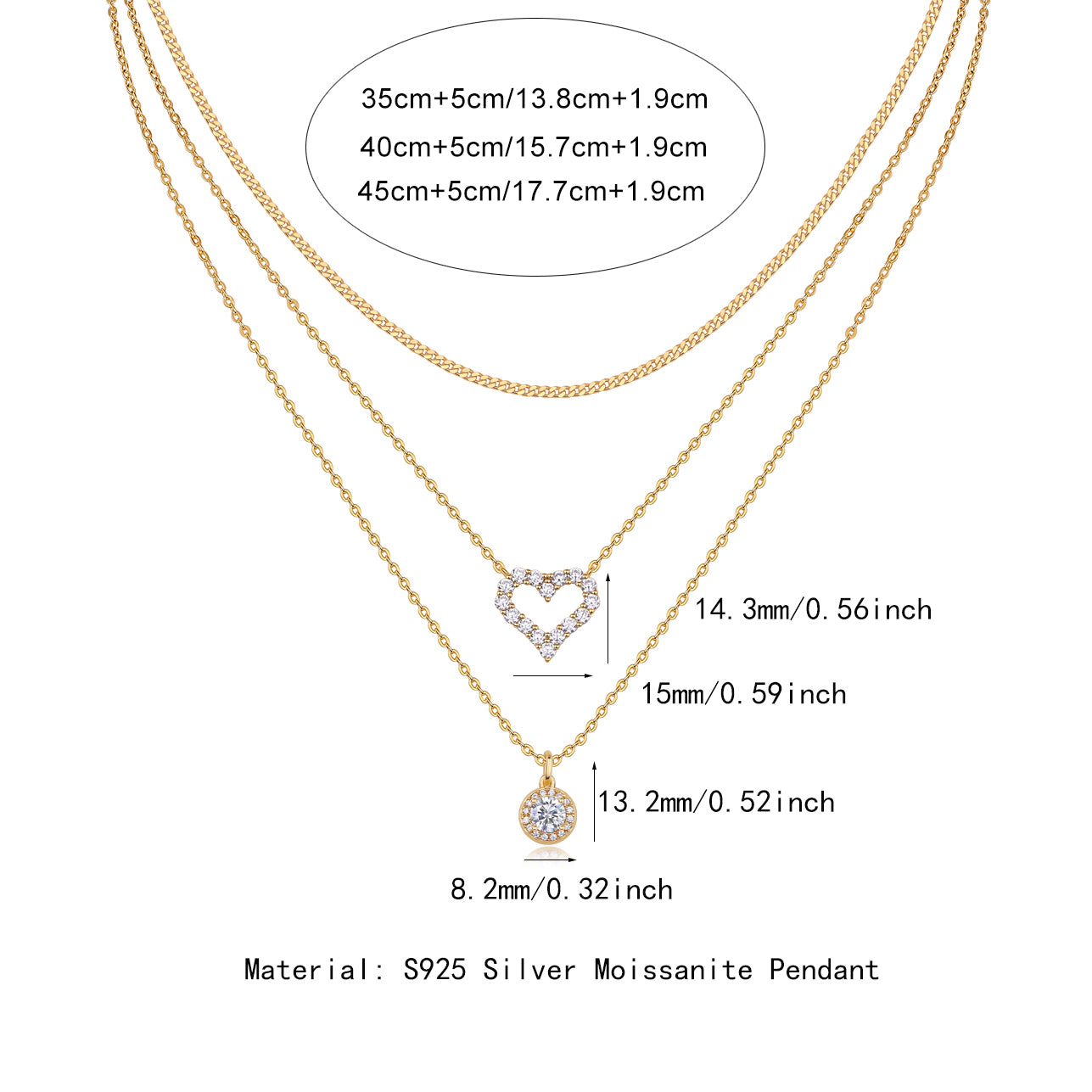 Exquisite Multi-Layered Gold-Plated 925 Silver Necklace with With Top-quality Moissanite D Color VVS1 & Pavé Heart Pendants