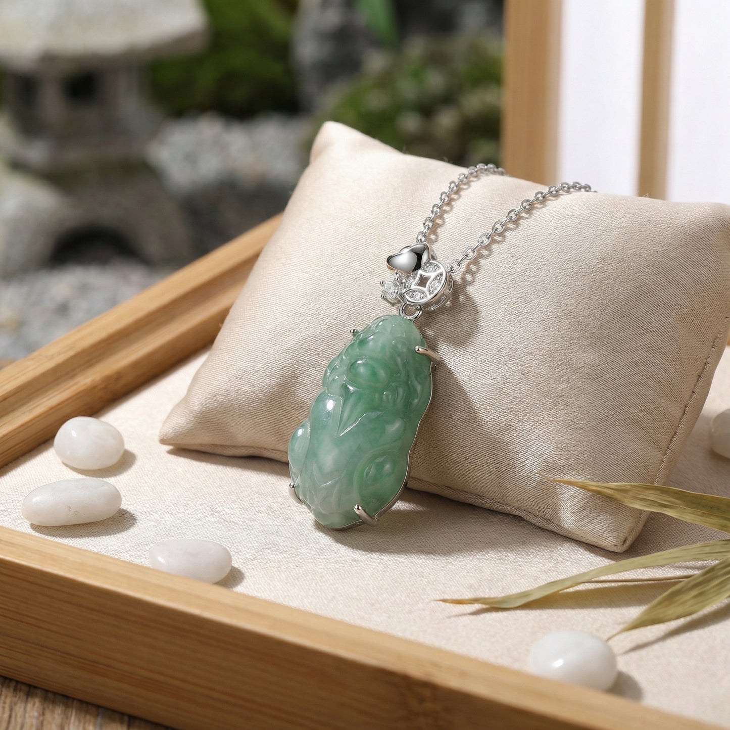 925 Sterling Silver Green Jade Pixiu Pendant Necklace with Silver Ingot and Coin Accents