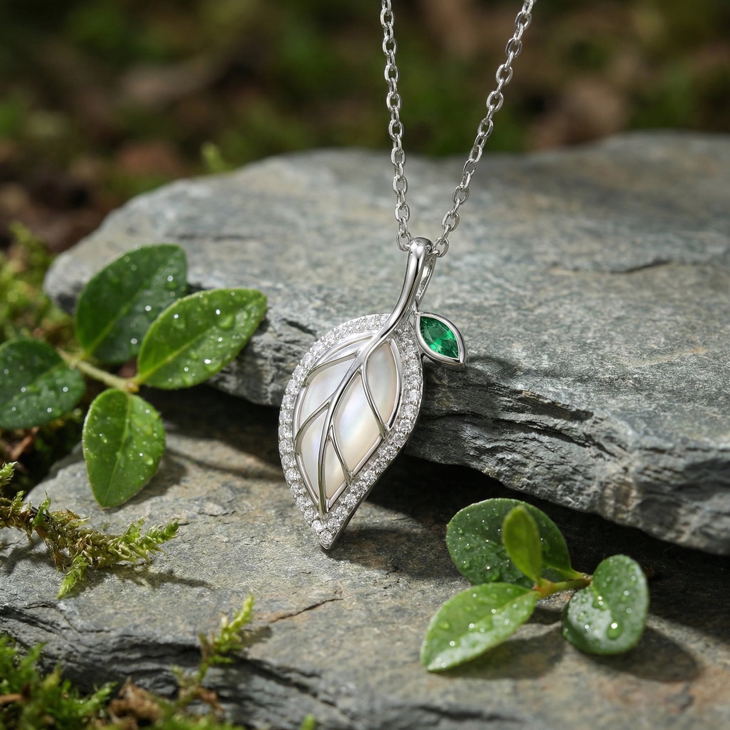 925 Sterling Silver Elegant Silver Leaf Pendant Necklace with Green Gemstone and Iridescent Inlay