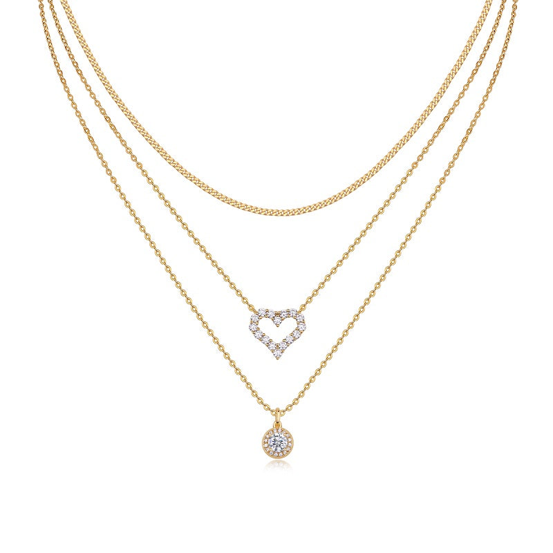 Exquisite Multi-Layered Gold-Plated 925 Silver Necklace with With Top-quality Moissanite D Color VVS1 & Pavé Heart Pendants