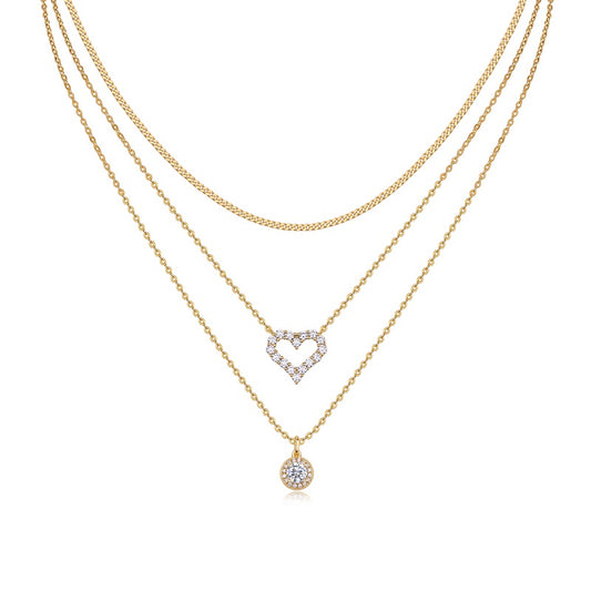 Exquisite Multi-Layered Gold-Plated 925 Silver Necklace with With Top-quality Moissanite D Color VVS1 & Pavé Heart Pendants